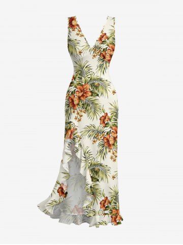 Hibiscus Flowers Tropical Leaf Print Hawaii Ruffles Split Surplice Dress - OLIVE GREEN - L