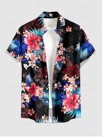 Plus Size Flowers Tropical Leaf Print Buttons Pocket Hawaii Shirt For Men - BLACK - 5XL
