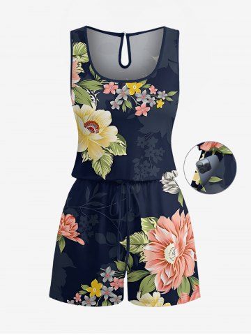 Plus Size Flowers Leaf Print Cinched Hawaii Dress - BLACK - XXS