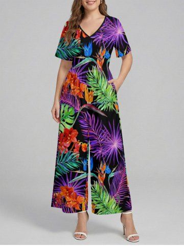 Flowers Tropical Leaf Print V Neck Hawaii Wide Leg Jumpsuit - CONCORD - S
