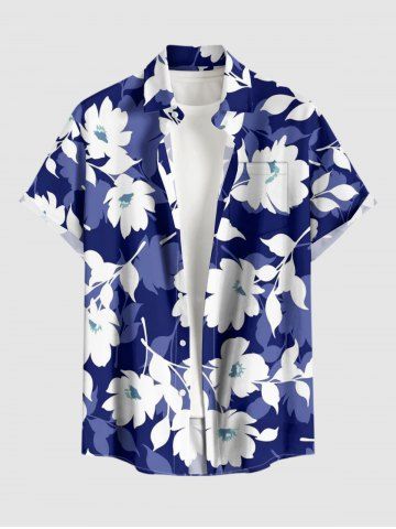 Plus Size Flowers Leaf Print Buttons Pocket Hawaii Shirt For Men - BLUE - 2XL