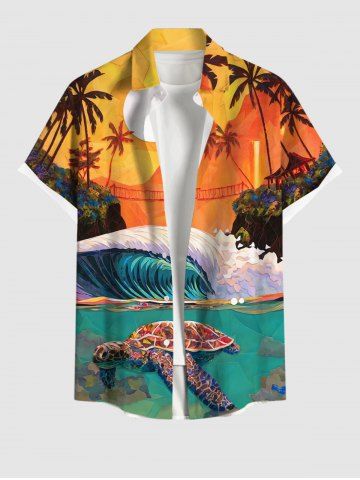 Plus Size Turtle Sea Waves Coconut Tree Sun Dusk Print Hawaii Sea Creatures Button Pocket Shirt For Men - ORANGE - S