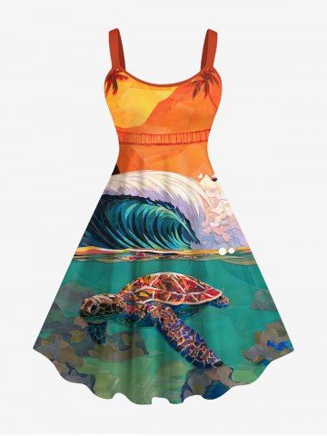 Plus Size Turtle Sea Waves Sun Dusk Print Backless Hawaii Sea Creatures A Line Tank Dress - ORANGE - 6X