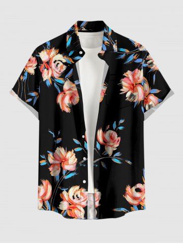 Plus Size Flowers Leaf Oil Painting Print Buttons Pocket Hawaii Shirt For Men - BLACK - M