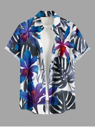 Plus Size Flowers Tropical Leaf Print Buttons Pocket Hawaii Shirt For Men - BLUE - 4XL