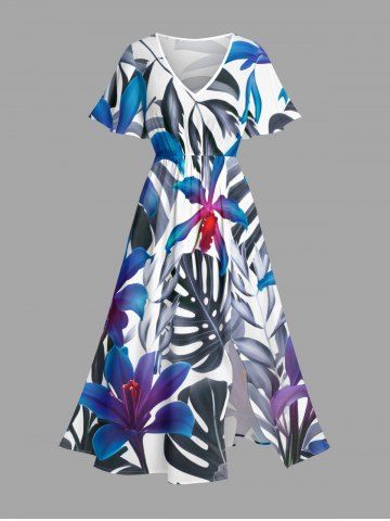Plus Size Flowers Tropical Leaf Print Split Hawaii Midi Dress - BLUE - XXS