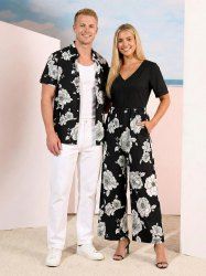 Flowers Leaf Print Matching Hawaii Beach Outfit For Couples -  