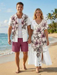 Flowers Leaf Print Plus Size Matching Hawaii Beach Outfit For Couples -  