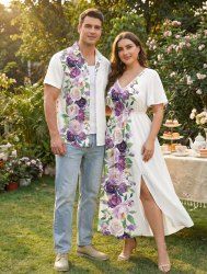 Rose Flowers Leaf Print Plus Size Matching Hawaii Beach Outfit For Couples -  