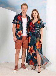 Ensemble de plage hawaïen assorti pour couples, imprimé feuilles tropicales et fleurs d'hibiscus, grandes tailles - Noir 