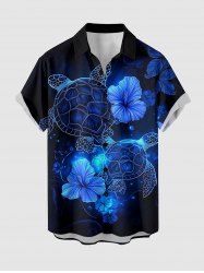 Chemise hawaïenne grande taille pour homme, imprimée de tortues et d'hibiscus, avec boutons et poche. - Bleu profond S
