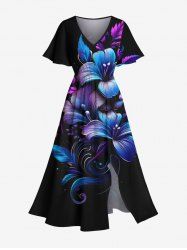 Robe mi-longue hawaïenne fendue à imprimé floral et feuilles ombré grande taille - Noir XXS