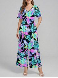 Hibiscus Flowers Tropical Leaf Print V Neck Hawaii Wide Leg Jumpsuit -  