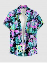 Chemise hawaïenne grande taille pour homme, à imprimé feuilles tropicales et fleurs d'hibiscus, boutons et poche. - Rose Vif S