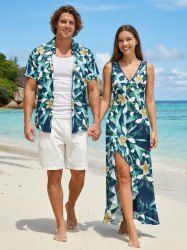 Ensemble de plage hawaïen assorti pour couples, imprimé fleurs et feuilles tropicales, grandes tailles - Bleu profond 