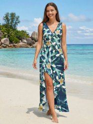 Robe hawaïenne à imprimé floral tropical et feuilles, à volants et fente cache-cœur - Bleu profond S