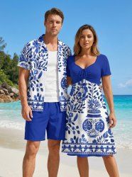 Blue And White Porcelain Vase Flowers Leaf Print Matching Hawaii Beach Outfit For Couples -  