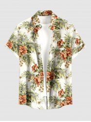 Plus Size Hibiscus Flowers Tropical Leaf Print Buttons Pocket Hawaii Shirt For Men -  