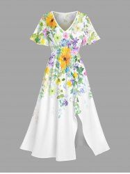 Robe mi-longue hawaïenne fendue à imprimé floral coloré et feuilles, grande taille - Blanc S