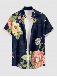 Chemise hawaïenne grande taille à imprimé floral et feuilles, boutons et poche pour homme - Bleu profond 4XL
