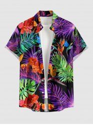 Plus Size Flowers Tropical Leaf Print Buttons Pocket Hawaii Shirt For Men -  