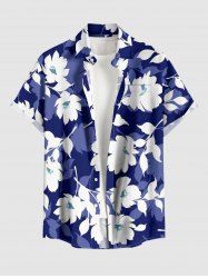 Chemise hawaïenne grande taille à imprimé floral et feuilles, boutons et poche pour homme - Bleu 2XL