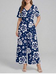 Hibiscus Flowers Tropical Leaf Print V Neck Hawaii Wide Leg Jumpsuit -  
