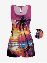Combinaison hawaïenne grande taille imprimée cocotier soleil et paysage marin - Rouge Rose 3X