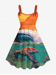 Plus Size Turtle Sea Waves Sun Dusk Print Backless Hawaii Sea Creatures A Line Tank Dress - Orange S