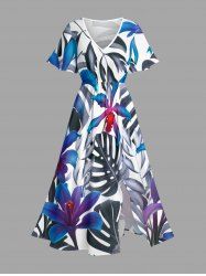 Robe midi hawaïenne fendue à imprimé floral tropical et feuilles grandes tailles - Bleu XS