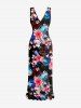 Robe hawaïenne à volants, fente et décolleté cache-cœur, imprimée de feuilles tropicales et de fleurs d'hibiscus - Noir XS