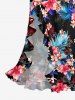 Robe hawaïenne à volants, fente et décolleté cache-cœur, imprimée de feuilles tropicales et de fleurs d'hibiscus - Noir XS