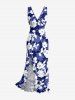 Robe hawaïenne à volants, fente et décolleté cache-cœur, imprimée de feuilles tropicales et de fleurs d'hibiscus - Bleu S