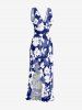 Robe hawaïenne à volants, fente et décolleté cache-cœur, imprimée de feuilles tropicales et de fleurs d'hibiscus - Bleu S