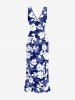 Robe hawaïenne à volants, fente et décolleté cache-cœur, imprimée de feuilles tropicales et de fleurs d'hibiscus - Bleu S