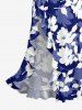 Robe hawaïenne à volants, fente et décolleté cache-cœur, imprimée de feuilles tropicales et de fleurs d'hibiscus - Bleu S