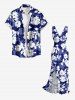 Robe hawaïenne à volants, fente et décolleté cache-cœur, imprimée de feuilles tropicales et de fleurs d'hibiscus - Bleu S