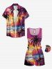 Plus Size Coconut Tree Sun Seascape Print Cinched Hawaii Romper -  