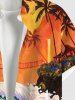 Plus Size Turtle Sea Waves Coconut Tree Sun Dusk Print Hawaii Sea Creatures Button Pocket Shirt For Men - Orange 2XL