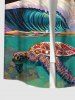 Plus Size Turtle Sea Waves Coconut Tree Sun Dusk Print Hawaii Sea Creatures Button Pocket Shirt For Men - Orange 2XL