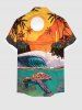 Plus Size Turtle Sea Waves Coconut Tree Sun Dusk Print Hawaii Sea Creatures Button Pocket Shirt For Men - Orange 2XL