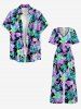 Hibiscus Flowers Tropical Leaf Print V Neck Hawaii Wide Leg Jumpsuit -  