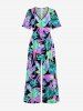 Hibiscus Flowers Tropical Leaf Print V Neck Hawaii Wide Leg Jumpsuit -  