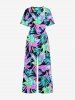 Hibiscus Flowers Tropical Leaf Print V Neck Hawaii Wide Leg Jumpsuit -  