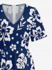 Combinaison hawaïenne à jambes larges et col en V, imprimée de feuilles tropicales et de fleurs d'hibiscus - Bleu profond 3XL