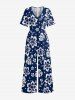 Combinaison hawaïenne à jambes larges et col en V, imprimée de feuilles tropicales et de fleurs d'hibiscus - Bleu profond 3XL