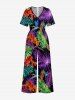 Flowers Tropical Leaf Print V Neck Hawaii Wide Leg Jumpsuit -  