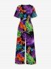 Flowers Tropical Leaf Print V Neck Hawaii Wide Leg Jumpsuit -  