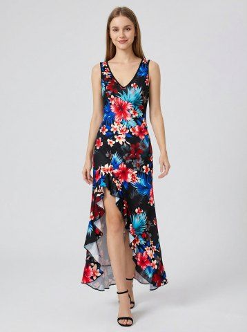 Hibiscus Flowers Tropical Leaf Print Hawaii Ruffles Split Surplice Dress - BLACK - M