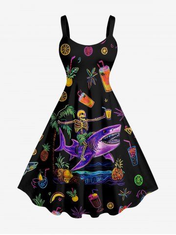 Plus Size Pineapple Skeleton Fruit Juice Coconut Tree Print Hawaii Tank Dress - BLACK - XXS